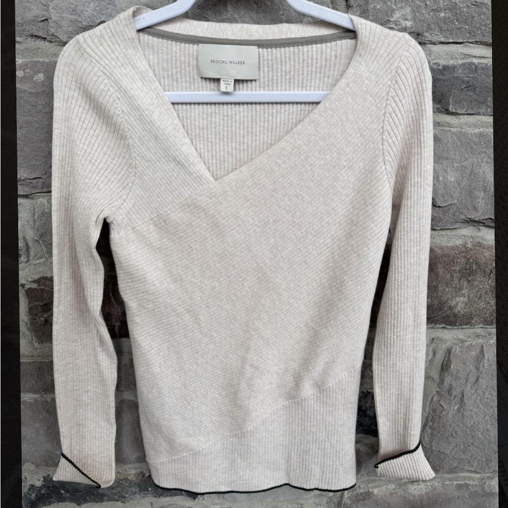 Brochu Walker Oatmeal Colored Asymmetrical V-neck Sweater w/ Black Trim Details
